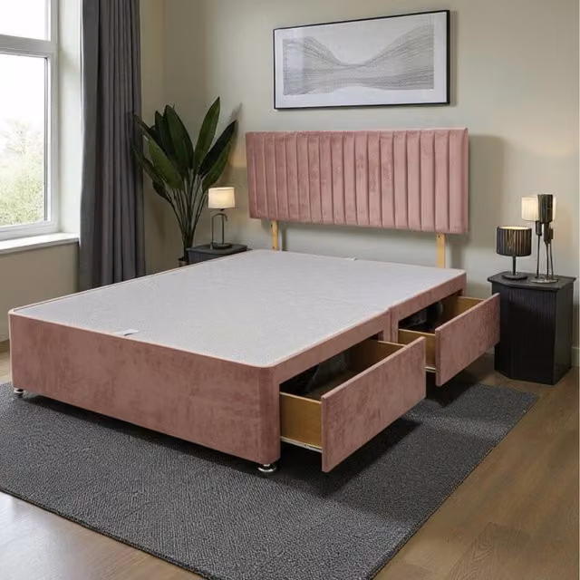 Knight Sleep Emily Divan Bed Base with 2 Drawers and Headboard, Pink Velvet, W/D/H: 90 x 200 cm