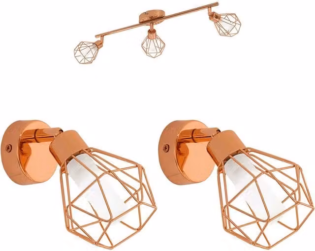 Loops Copper Geometric Wire Cage Ceiling Spot Light and 2x Matching Wall Lights – 1