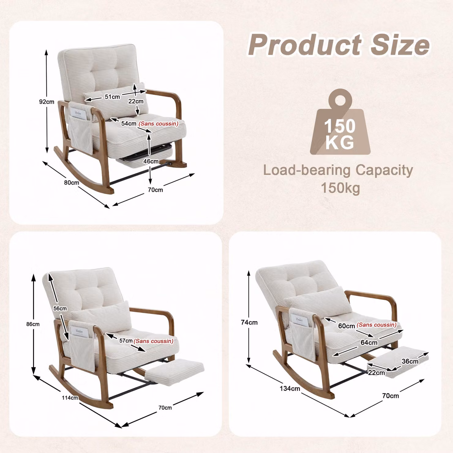 Aosom UK Beige Corduroy Rocking Chair with Adjustable Footrest and Side Pocket, H 70 x W 80 x D 92 cm – 2