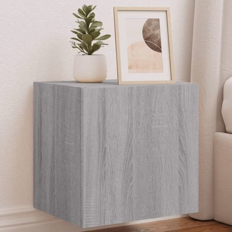 Berkfield Home Set of 2 Modern TV Wall Cabinets with LED Lights in Grey Sonoma, W/D/H: 40.5 x 35 x 40 cm