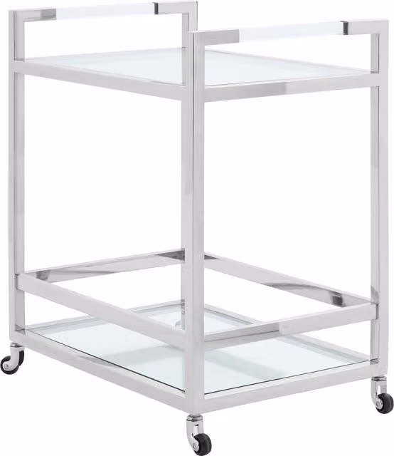 Orsina 2 Tier Modern Luxe Drinks Trolley in Polished Silver Stainless Steel with Clear Tempered Glass