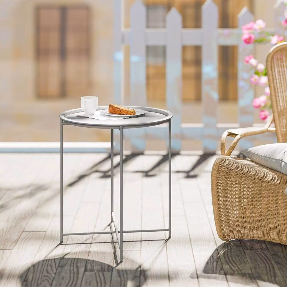 EONLION Grey Round Metal Garden Side Table, Diameter: 46 cm – 3