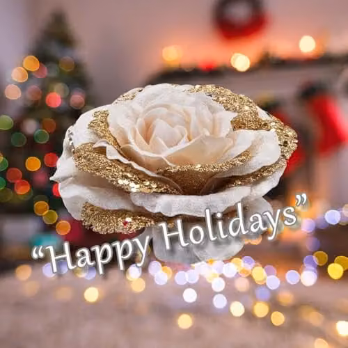 VFM e-Store Rose Head with Clip Decoration, Gold and Multicolour Floral Christmas Ornament, H 15 cm x W 8 cm – 4
