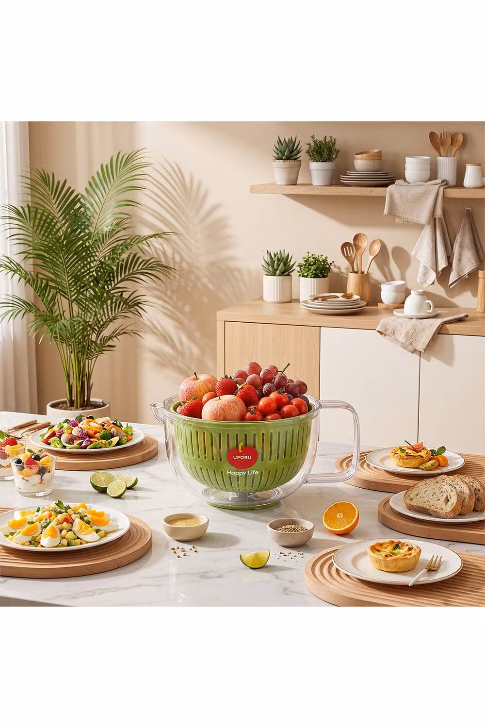 Living and Home Apple-Shaped Double-Layer Salad Spinner with Lid, Green – 2