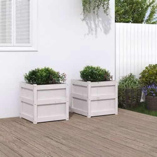 vidaXL Set of 2 White Rustic Pine Wood Garden Planter Tubs – 2