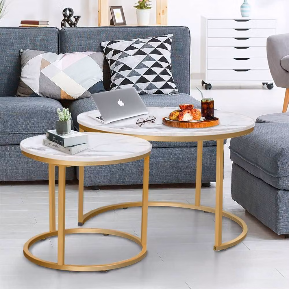 Huhote Set of 2 Round Nesting Side Tables with White Marble Finish Wood Tops and Gold Metal Frames – 3
