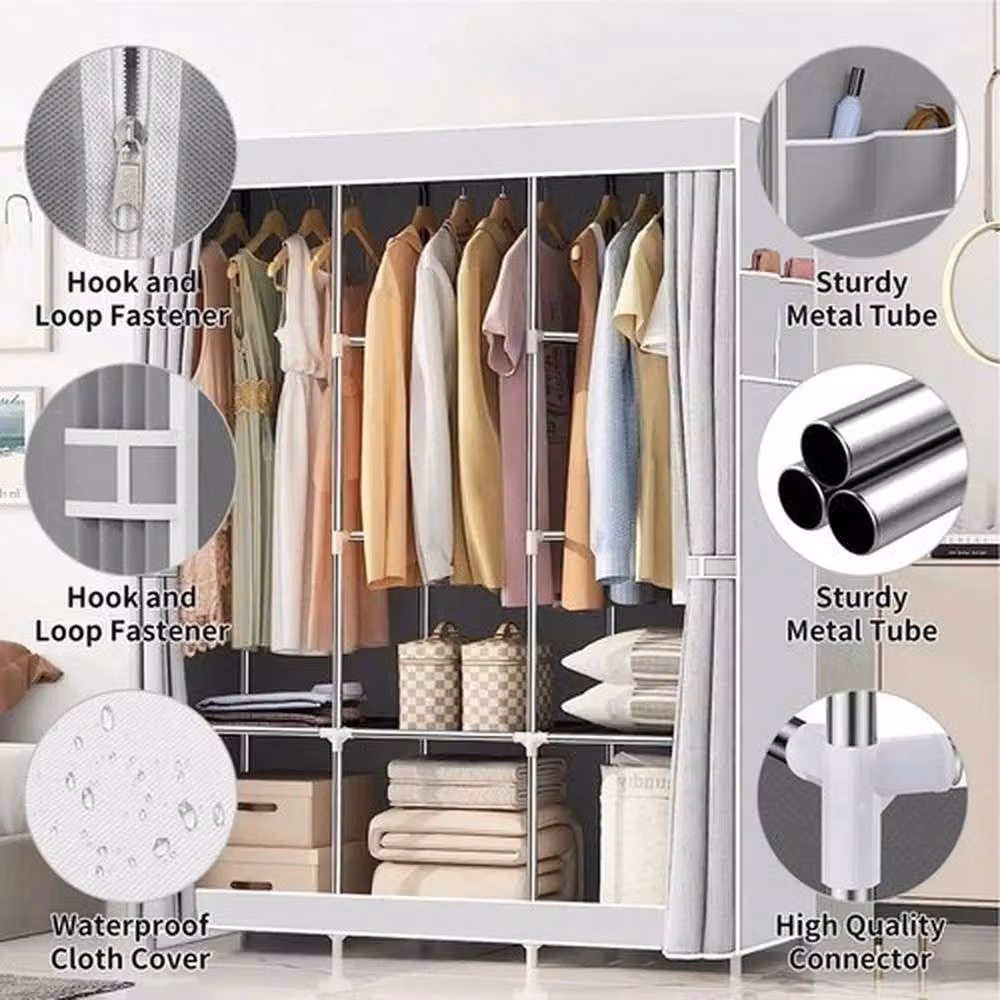 VOGREX Grey Fabric Wardrobe with Hanging Rail and Internal Shelves – 3