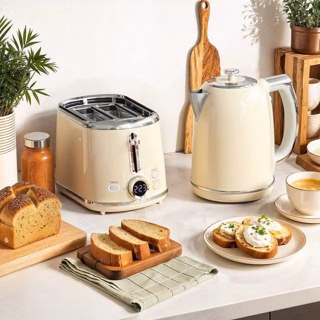 HOMCOM Digital Kettle and 2 Slice Toaster Set with LED Screen, 1.7L, Beige