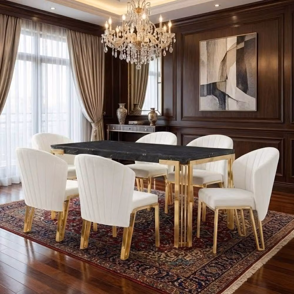 Home Luxe Interior Sorrento 180cm Black Marble Dining Table with Gold Legs and 6 Fabio Beige Chairs – 3