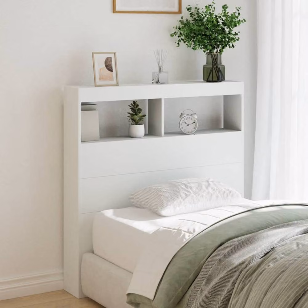 Berkfield Home Modern White Headboard Cabinet with Integrated LED Lighting and USB Charging Port, W/D/H: 100 x 17 x 102 cm – 2