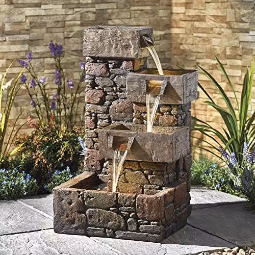 Serenity Cubic Cascading Pebble Wall Water Feature with LED Lights in Brown, Height: 79 cm – 2
