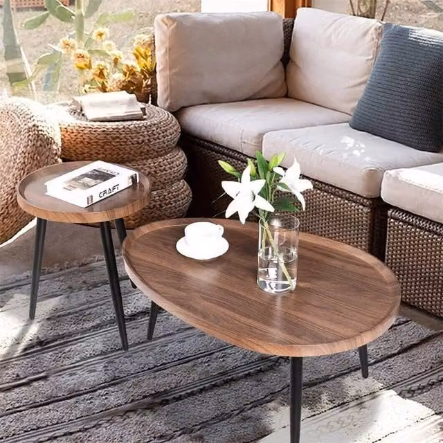 KORVIXA Nest of 2 Triangle Solid Wood Coffee Table Set in Brown – 1