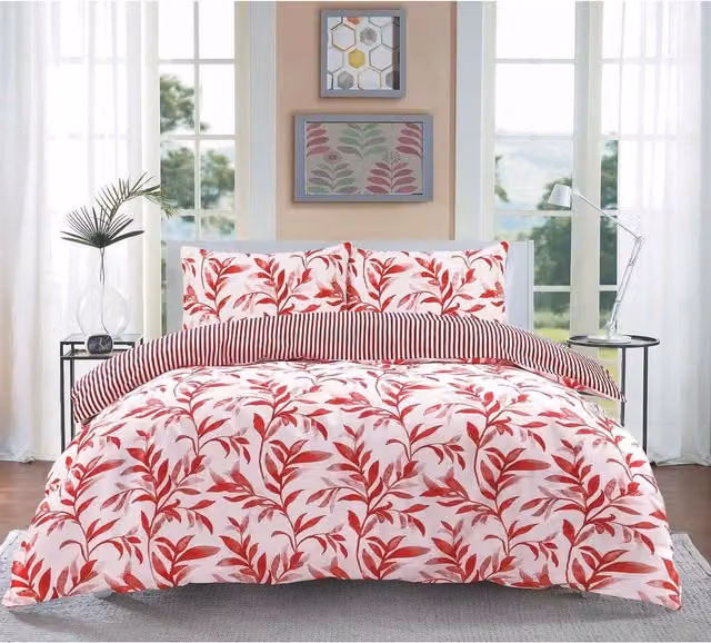 HomeSpace Direct Red and White Floral Watercolour Leaves Duvet Cover Set, 200 x 200 cm