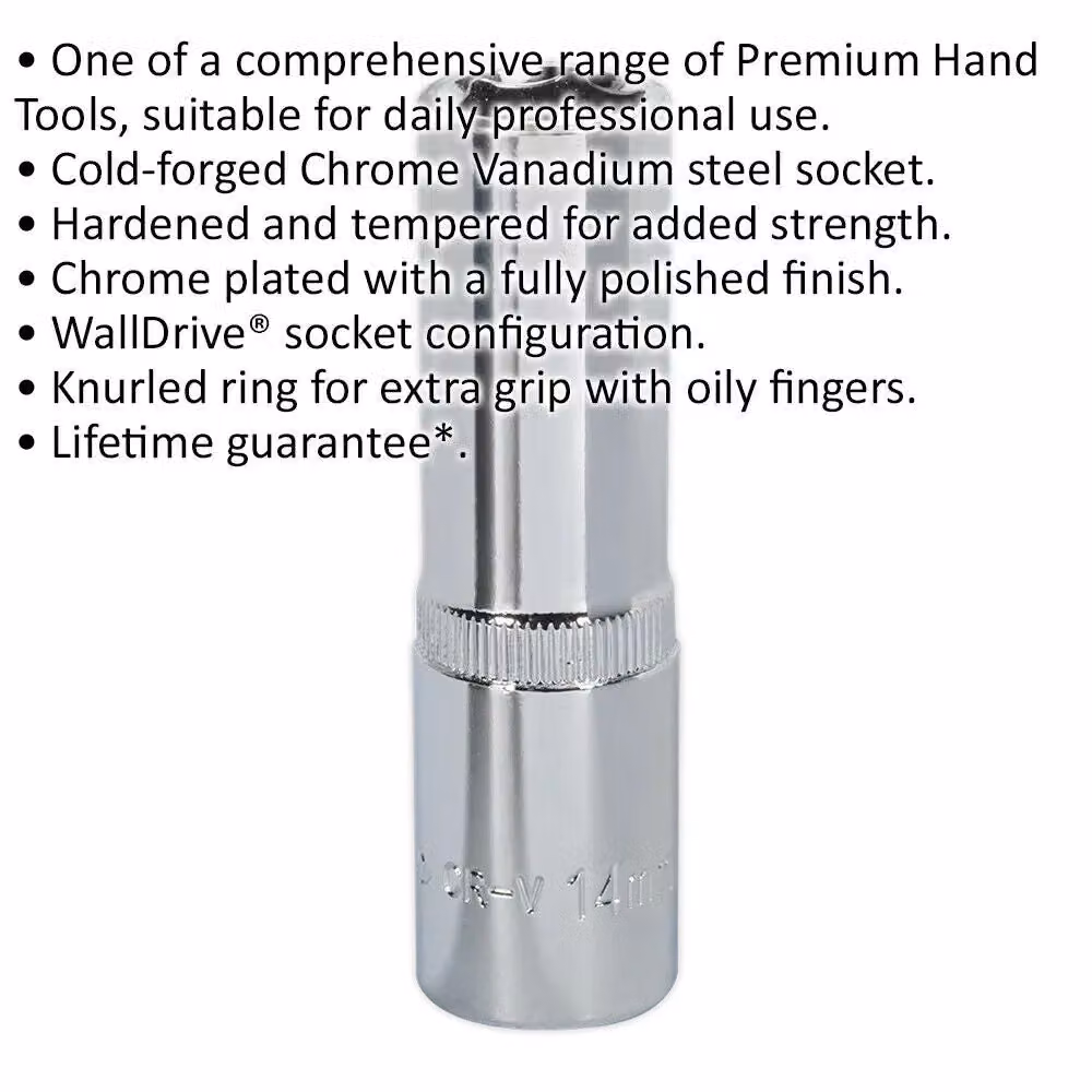 Loops 14mm Deep Drive Socket 1/2 inch Square Drive Forged Chrome Vanadium Steel in Silver – 2
