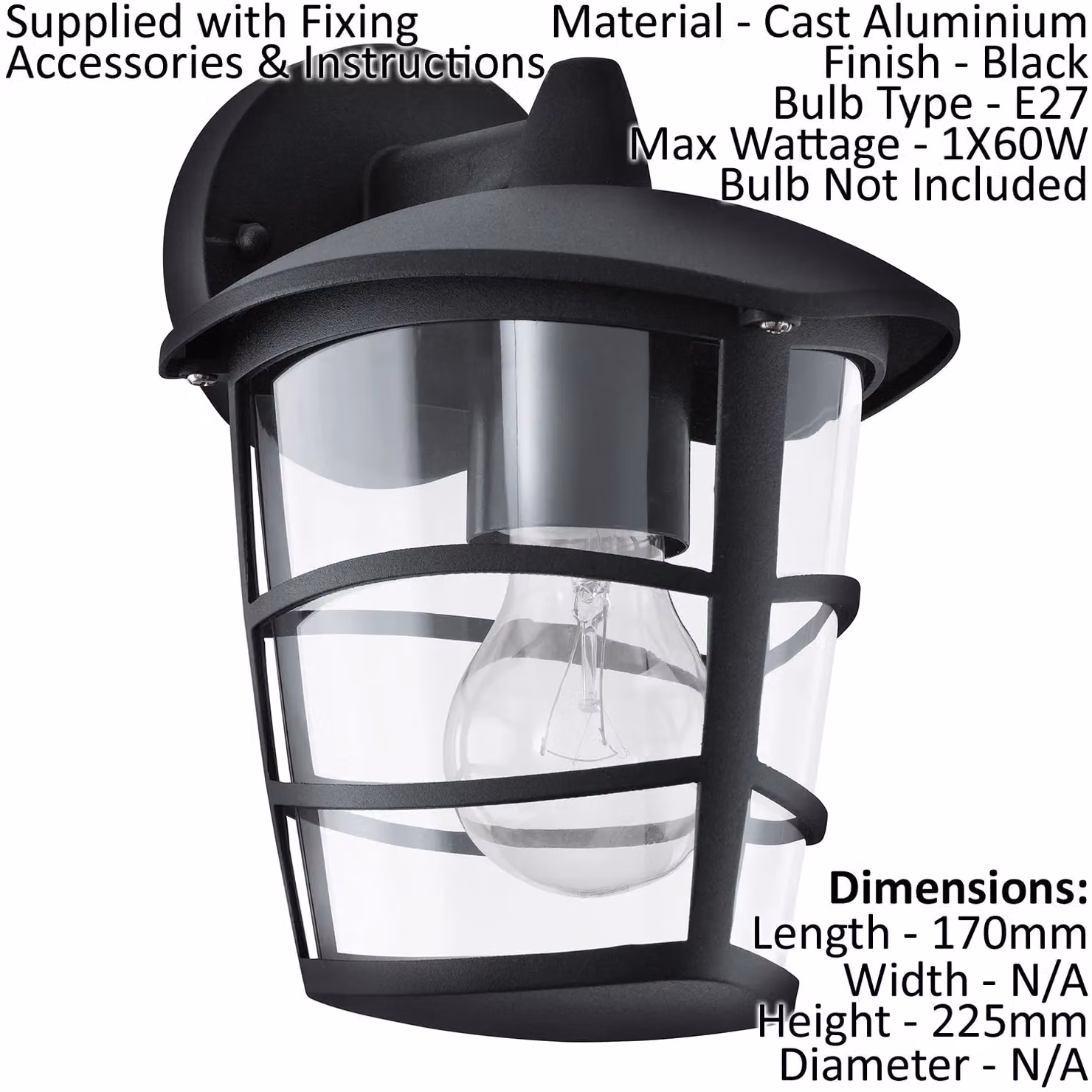 Loops 2 Pack Black Modern Aluminium Outdoor Wall Lanterns with Transparent Glass, IP44 Rated, E27, 60W – 2