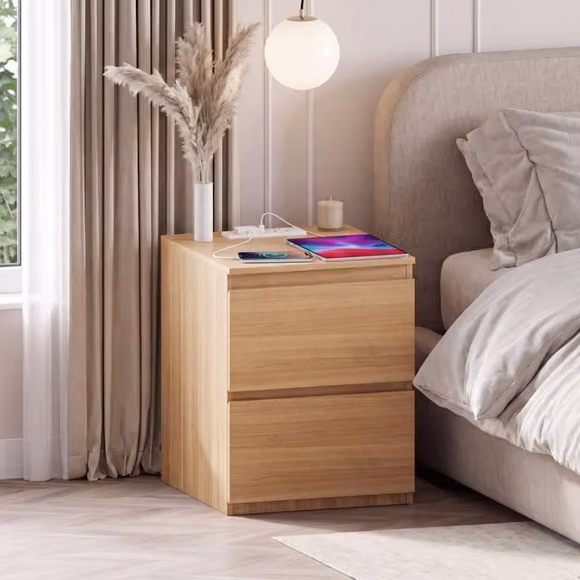 Vida Designs Denver 2 Drawer Large Bedside Chest with Power Outlet in Natural Sand