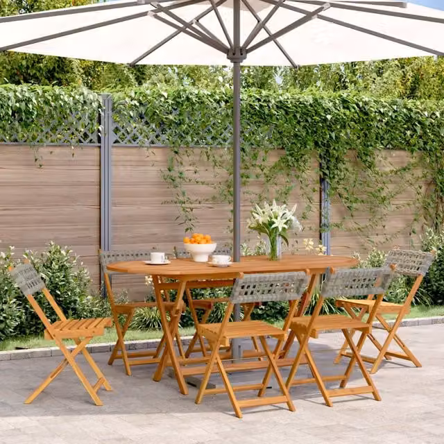 Berkfield Home Set of 6 Grey Poly Rattan and Lacquered Acacia Wood Folding Garden Chairs