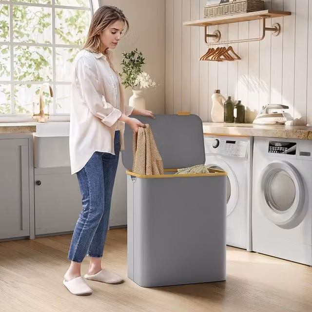 SONGMICS Extra Large 3-Section Collapsible Laundry Hamper with Bamboo Handles, Grey – 1