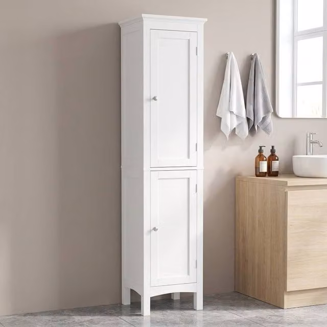 STILVORA 5 Tier White Bathroom Storage Cabinet with Hinged Double Doors and Internal Shelves