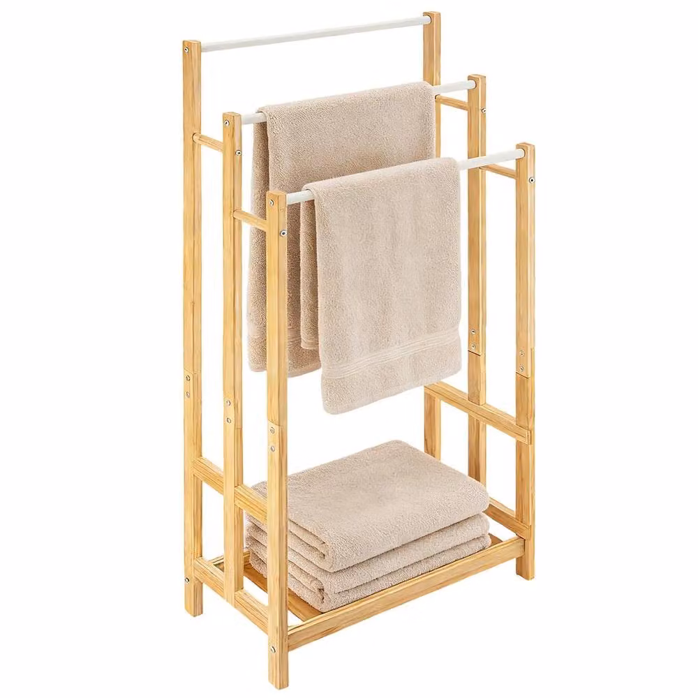 VOGREX Freestanding Extra Long Towel Drying Stand and Holder Rack in Brown Bamboo and Stainless Steel – 2