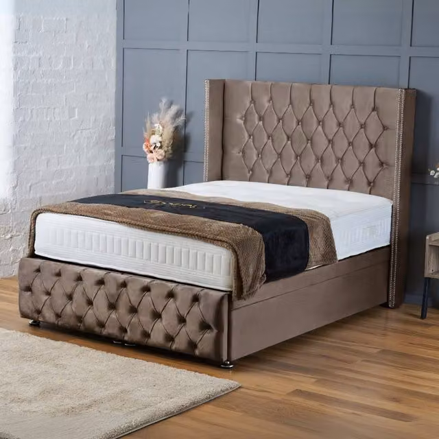 BSSPOKE Mayfair Ottoman Divan Bed in Taupe Plush Velvet with 54 inch Headboard, Super King, W/D/H: 200 x 163 x 200 cm
