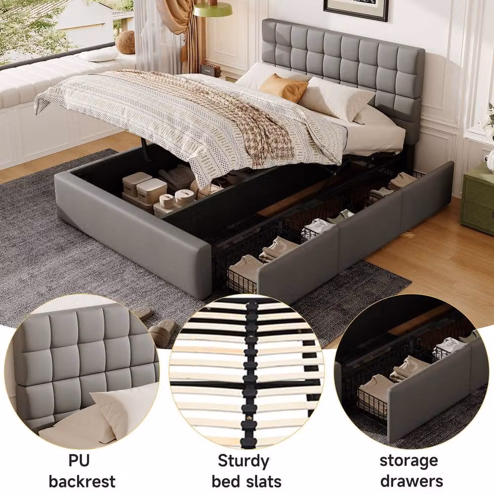 ModernLuxe Upholstered Double Bed in Grey with Hydraulic Lift-Up Storage and 3 Drawers, W/D/H: 140 x 190 x 148 cm – 4