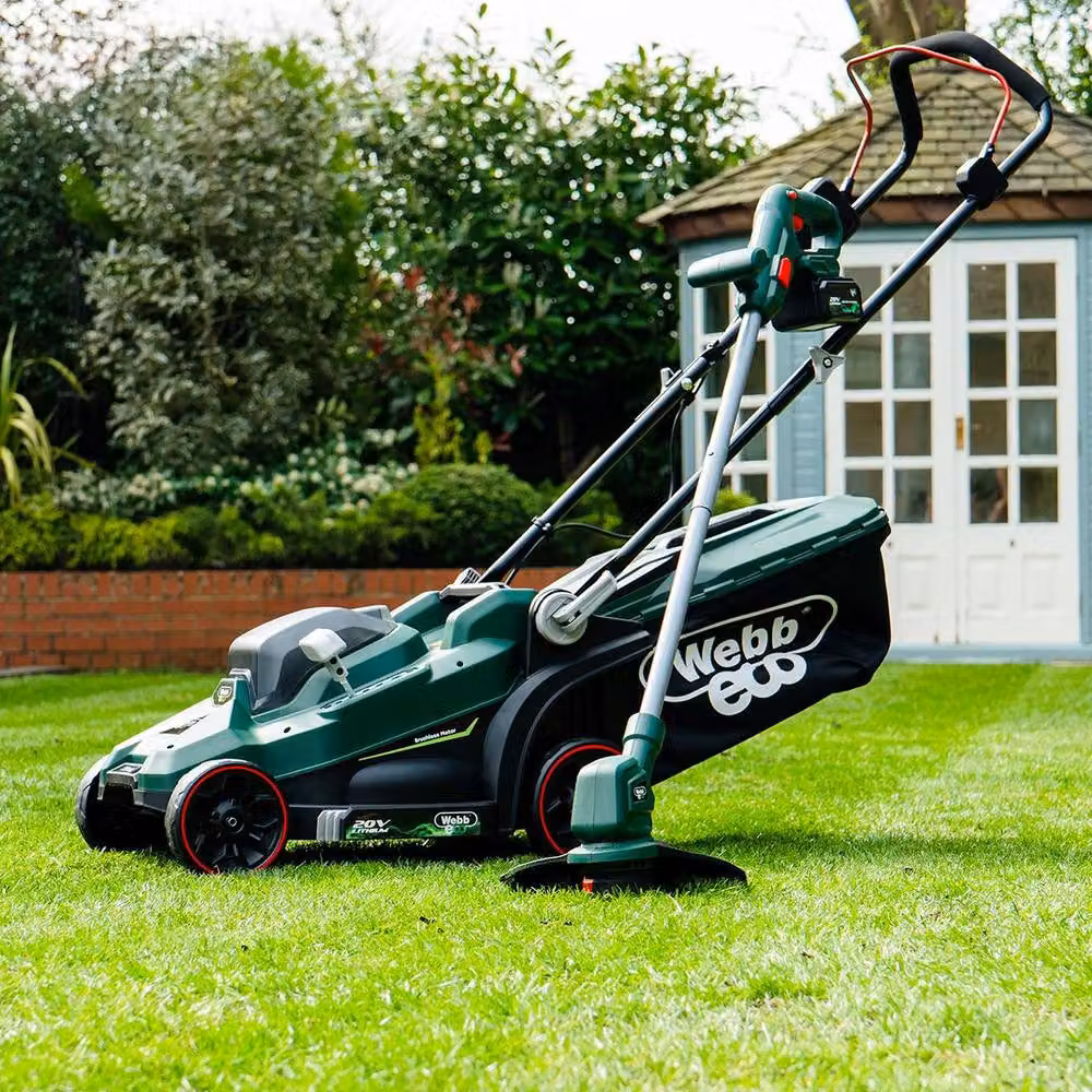 Webb 20V Cordless Lawnmower and Strimmer Starter Kit in Green with 4Ah Rechargeable Battery and Charger – 3