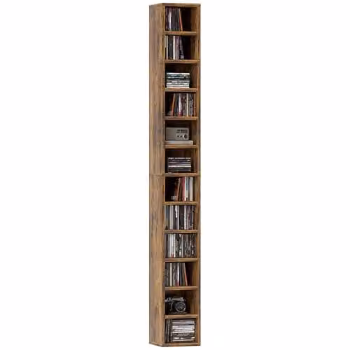 HOMCOM Corner CD Storage Unit with 12 Media Compartments, Rustic Brown, Height: 175 cm – 1