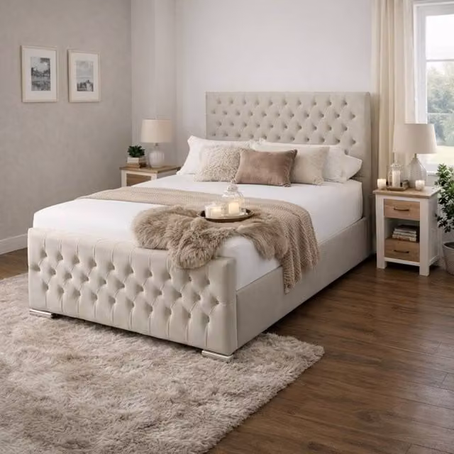 Desire Deco Kensington Upholstered Plush Velvet Bed Frame in Light Beige, W/D/H: 90 x 190 cm – 1