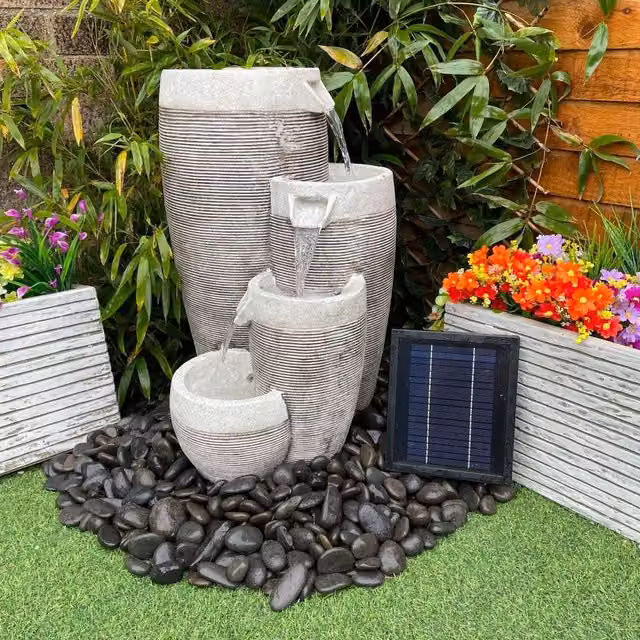 Tranquillity Water Features 4 Circular Pouring Pots Traditional Grey Resin Cascade Water Feature