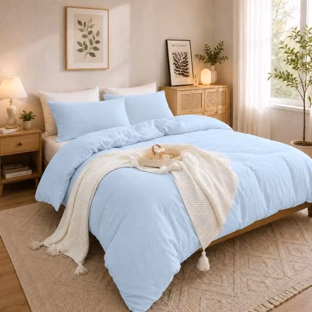 Grace Prewashed Microfibre Duvet Cover Set in Light Blue, Super King, 200 x 200 cm