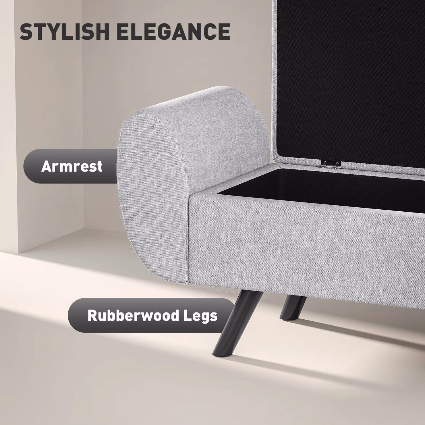 HOMCOM Upholstered Linen Storage Ottoman with Armrests and Rubberwood Legs, Grey, W/D/H: 120 x 50 x 42 cm – 3
