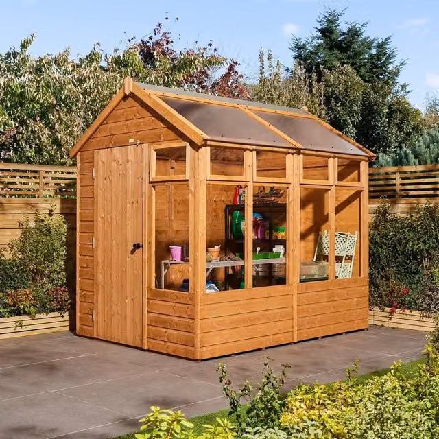 Rowlinsons Dip Treated Spruce Wood Growhouse in Brown with Polycarbonate Windows, W/D/H: 197.5 x 248 x 246.5 cm