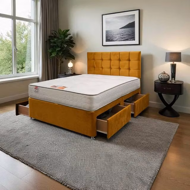 Knight Sleep Cubed Plush Superking Bed Set with Mattress, Headboard and Drawers in Yellow Velvet Fabric, W/D/H: 200 x 200 cm