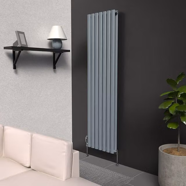 Lux Heat Oval Coloured Vertical Double Radiator in Pebble Grey, H: 160 cm x W: 42 cm
