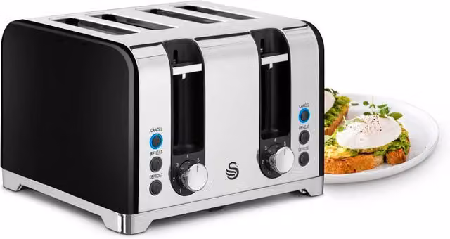 Swan 4 Slice Stainless Steel Toaster with Cable Storage, Black