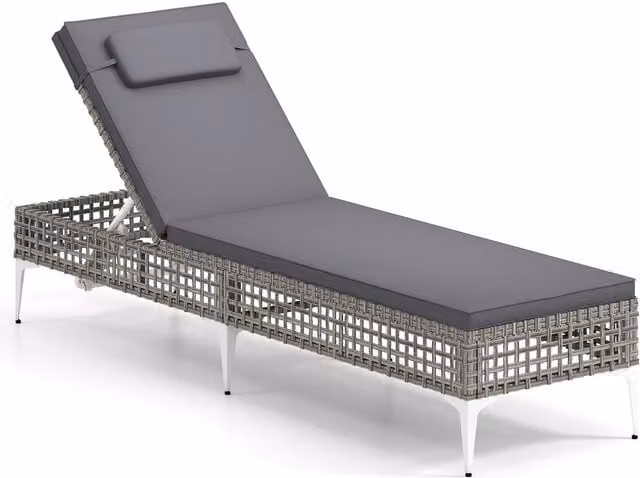 Costway Grey Polyrattan Garden Sun Lounger with 6-Level Adjustable Headrest