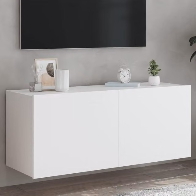 Berkfield Home Modern White Wall Mounted TV Cabinet with Integrated LED Lighting W/D/H: 100 x 35 x 41 cm – 1