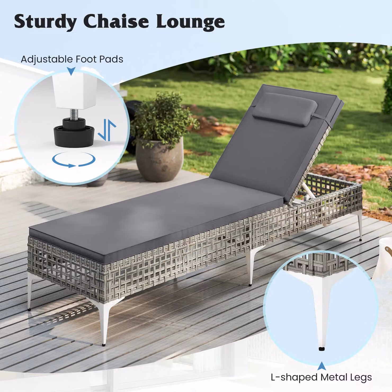Costway Grey Polyrattan Garden Sun Lounger with 6-Level Adjustable Headrest – 9