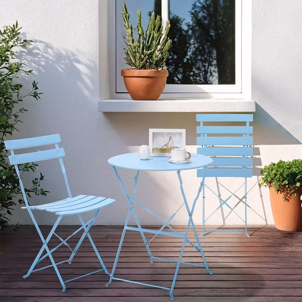 PAWNORA 3-Piece Blue Metal Folding Bistro Set with Round Table and Chairs for Garden, Balcony or Terrace – 2