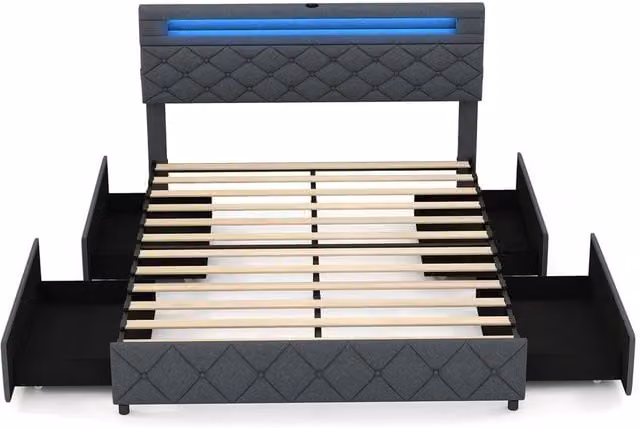 Gymax King Size Upholstered Bed Frame in Grey with LED Under-Bed Lighting, USB Charging Port and Storage Drawers, W/D/H: 180 x 200 cm – 1