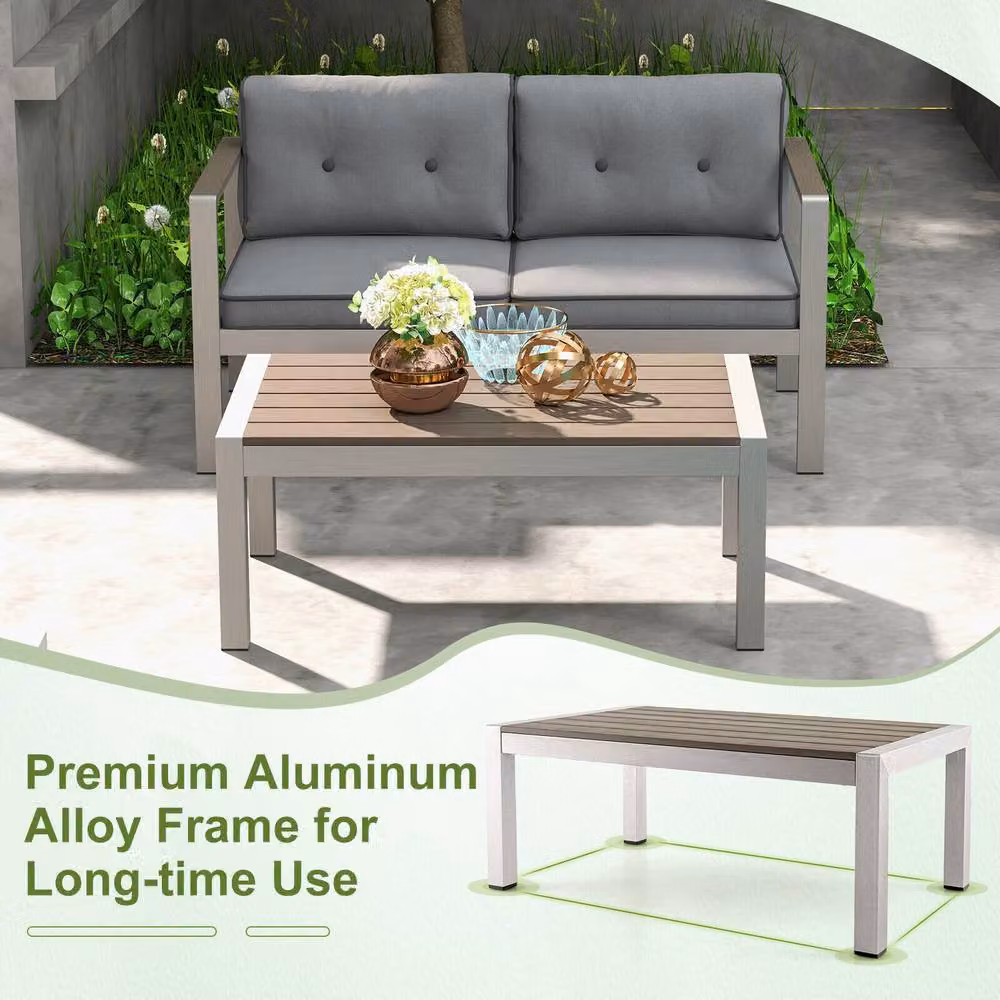 Costway Modern Rectangular Outdoor Coffee Table in Grey Powder Coated Aluminium – 3
