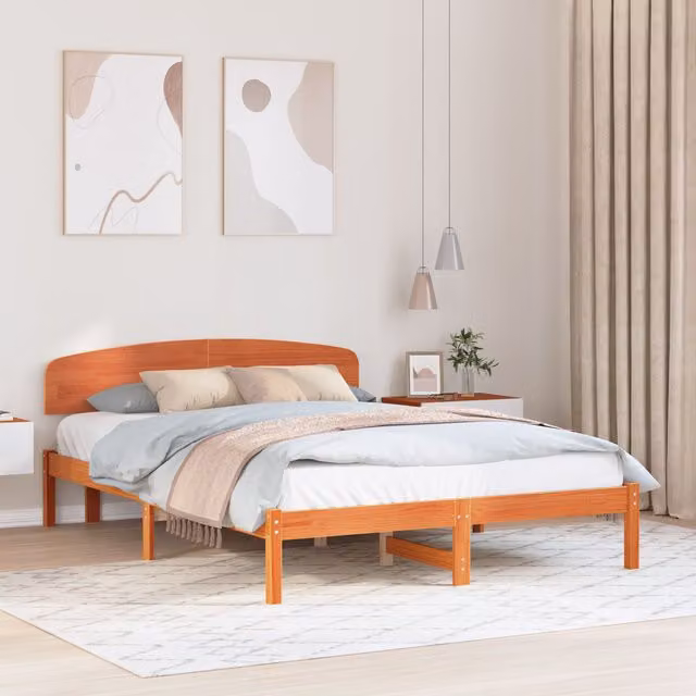 Berkfield Home Solid Wood Pine Bed Frame with Headboard in Wax Brown, W/D/H: 150 x 200 cm