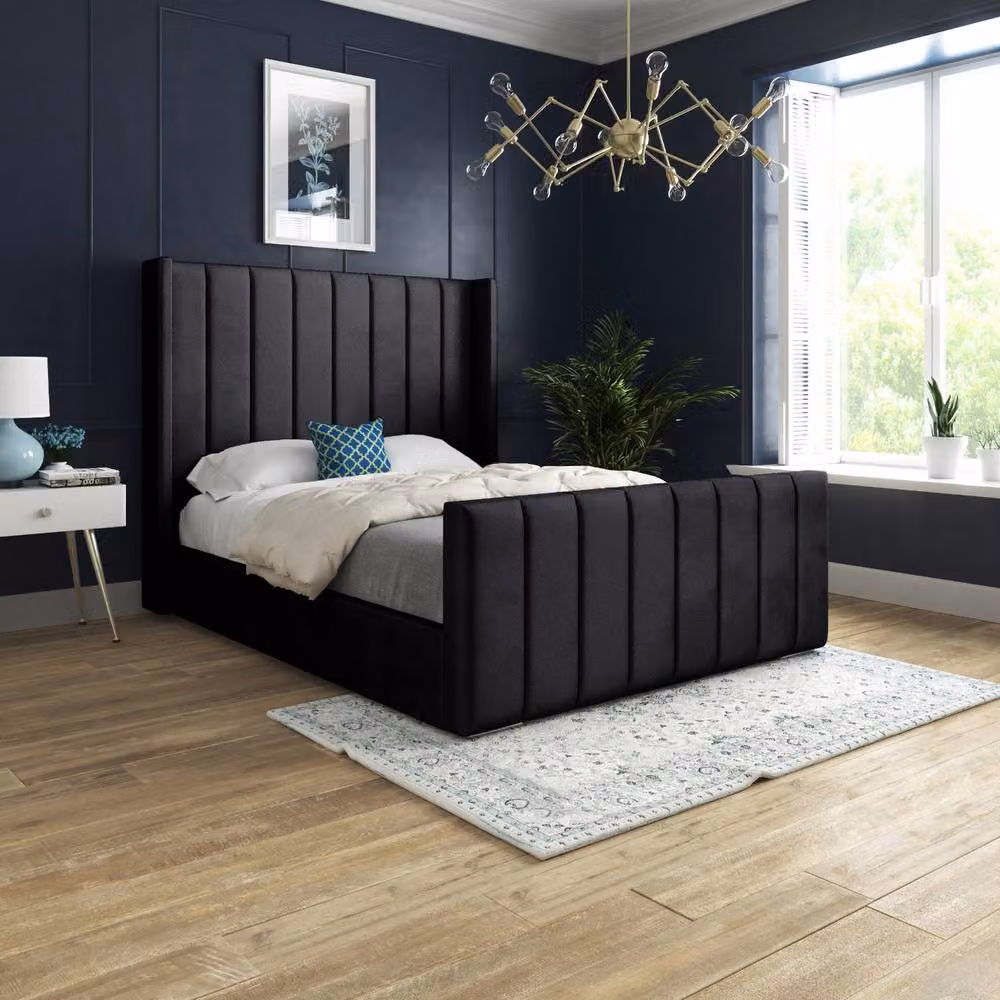 Casani Sherburn Straight Winged Designer Bed Frame in Black Soft Velvet, W/D/H: 137 x 120 x 200 cm – 2