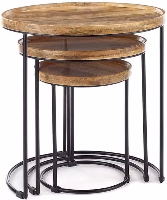 FORGEVIO Nest of 3 Round Solid Wood Side Tables in Brown