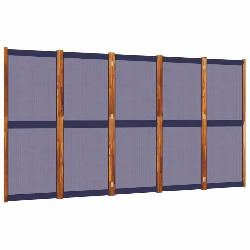 Berkfield Home 5-Panel Acacia Wood and Textile Room Divider in Dark Blue, W: 350 cm, H: 180 cm – 2