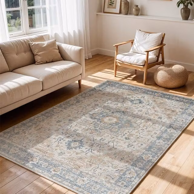 Livabliss Lilian Washable Vintage Boho Living and Dining Room Rug in Blue, Brown and Beige, W: 140 cm, L: 200 cm