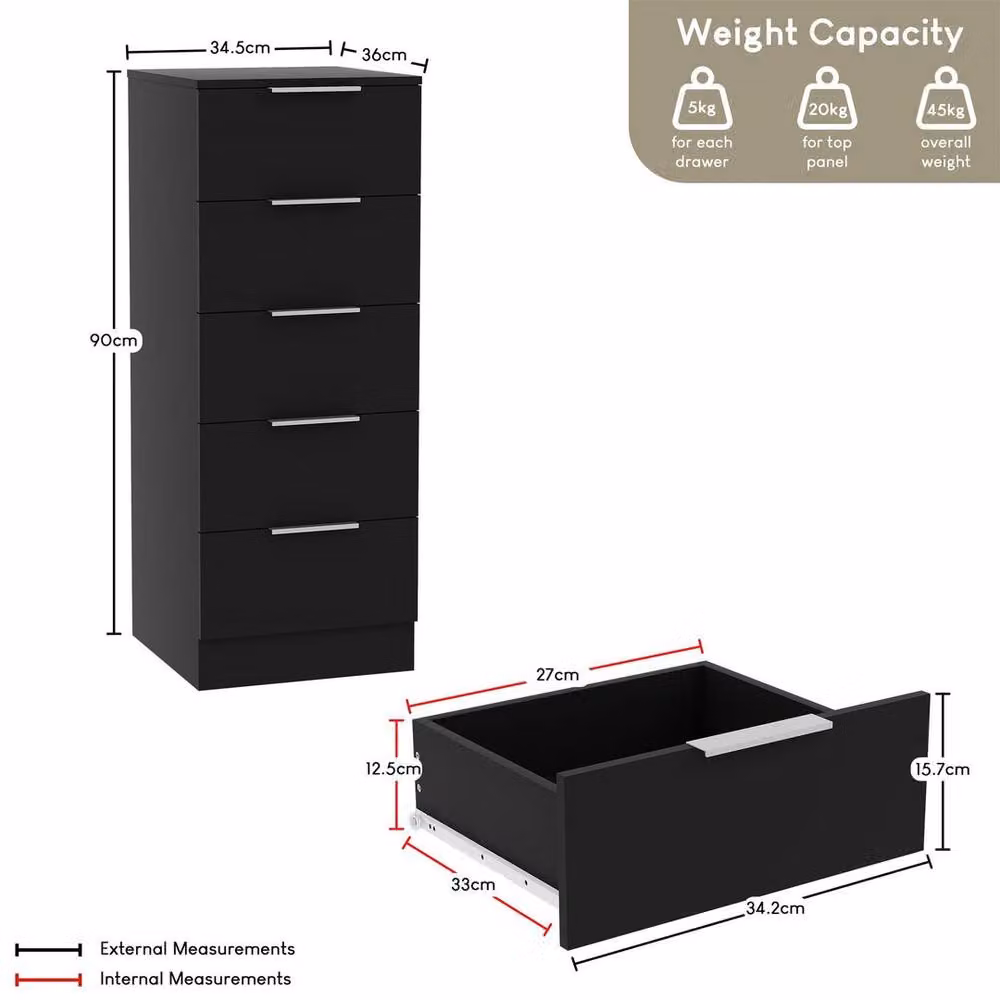 Kelvenix Modern 5 Drawer Narrow Black Bedroom Chest – 2
