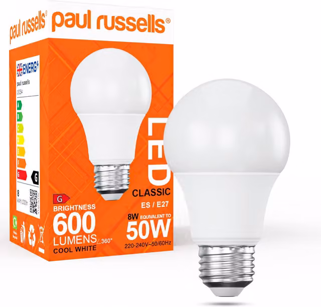 Paul Russells 8W LED E27 Cool White Classic Light Bulb
