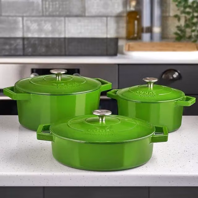 Cooks Professional Set of 3 Enamelled Cast Iron Casserole Dishes with Lids in Green and Black